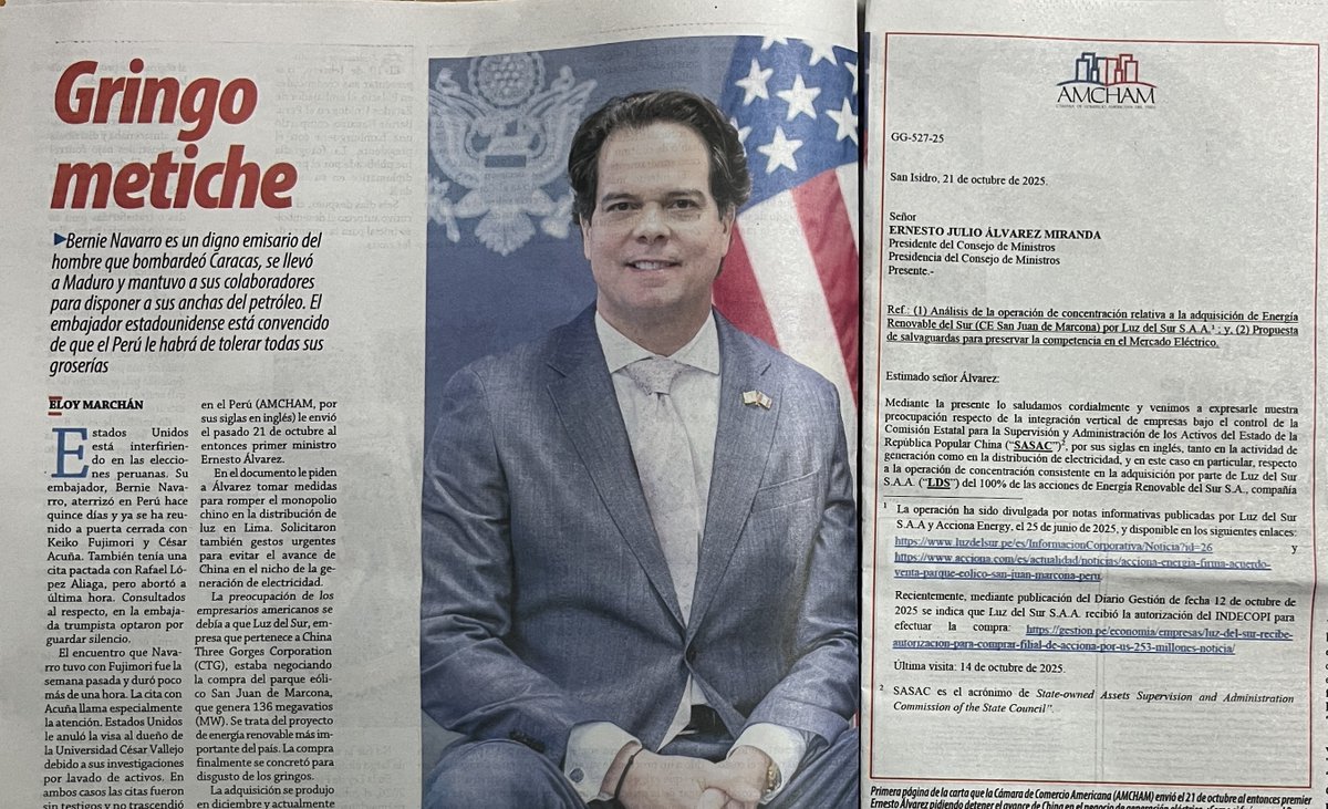 eloymarchan's tweet image. Hoy en @ensustrece:
El embajador de EE. UU. mete sus narices en las elecciones peruanas y otros asuntos nacionales. Se ha reunido a puertas cerradas con Keiko Fujimori y César Acuña. También tenía una cita con Rafael López Aliaga, pero abortó a última hora.
Compren el semanario.