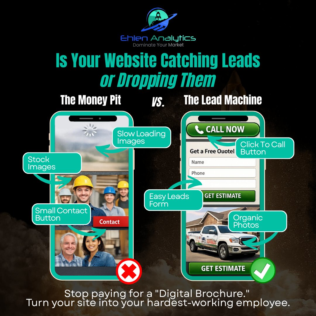 ehlen_analytics's tweet photo. Is your website a Money Pit or a Lead Machine? Most contractor sites just look good—they don’t book jobs. Signs your site is leaking leads:
❌ Slow speed
❌ Stock photos
❌ Hidden contact info
Stop losing leads. Make your site your hardest-working employee.
#contractormarketing https://t.co/6j8BIY0J6B