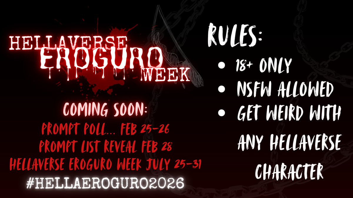 EroguroWeek's tweet photo. Coming Soon....🩸💦
Feb 25th, a poll will go up with four different prompt choices.
That's right! This time around, the audience gets to pick a day's theme for Eroguro Week! https://t.co/dcOVLXarHF