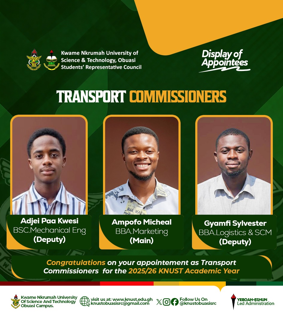 The KNUST, Obuasi Campus SRC is pleased to officially present the Transport Commissioners for the 2025/2026 Academic Year.