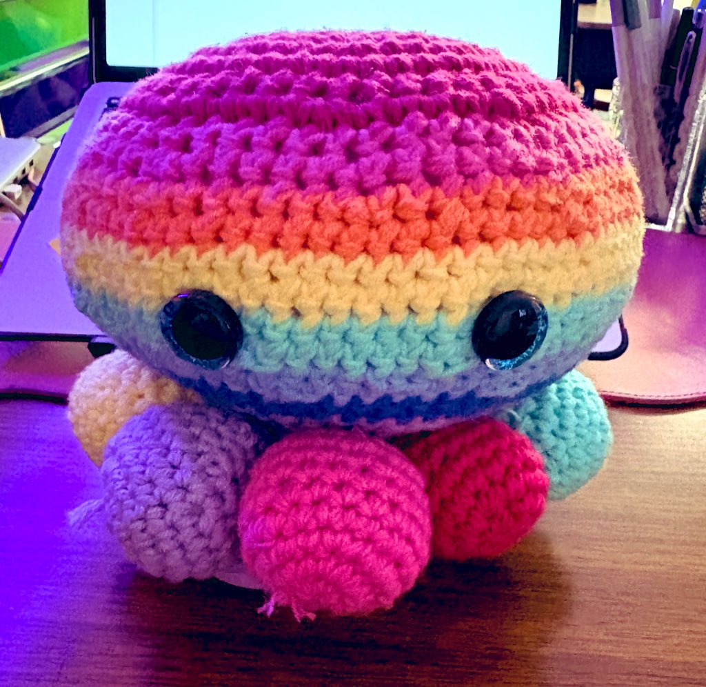 Finally finished my first big crotchet project. He’s a lil wonky and his tentacles may not be the same size but…. He’s cute !