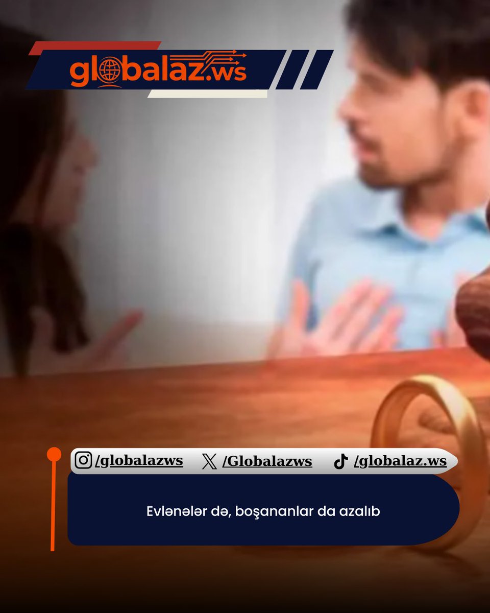 Ötən il boşanma və nikaha daxilolma statistikası açıqlanıb.
Globalaz xəbər verir ki, bu, Dövlət Statistika Komitəsi (DSK) məlumat yayıb.

Ətraflı: globalaz.ws/evl%C9%99n%C9%…
