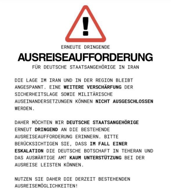 🚨#SONDAKİKA

Almanya, tüm vatandaşlarından derhal İran'ı terk etmesini istedi.