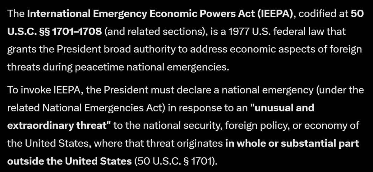a question on the SCOTUS tariff ruling:

everyone seems focused on the question of "does the IEEPA permit a tariff?" but it seems to me that there is another relevant line of inquiry here:

was this really an emergency?  where was the "unusual and extraordinary threat" that