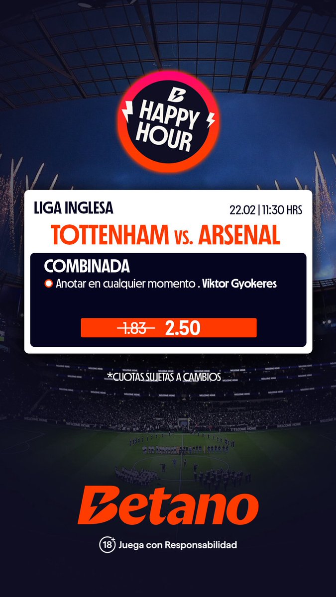 ¡Derbi del Norte de Londres! 🏴󠁧󠁢󠁥󠁮󠁧󠁿🔥

Spurs y Gunners se miden en un duelo de alta tensión. 

¿Será Gyokeres quien rompa las redes en este derbi? 

No dejes pasar este pronóstico.

Juega aquí 👉ec.betano.com/bookingcode/BV…