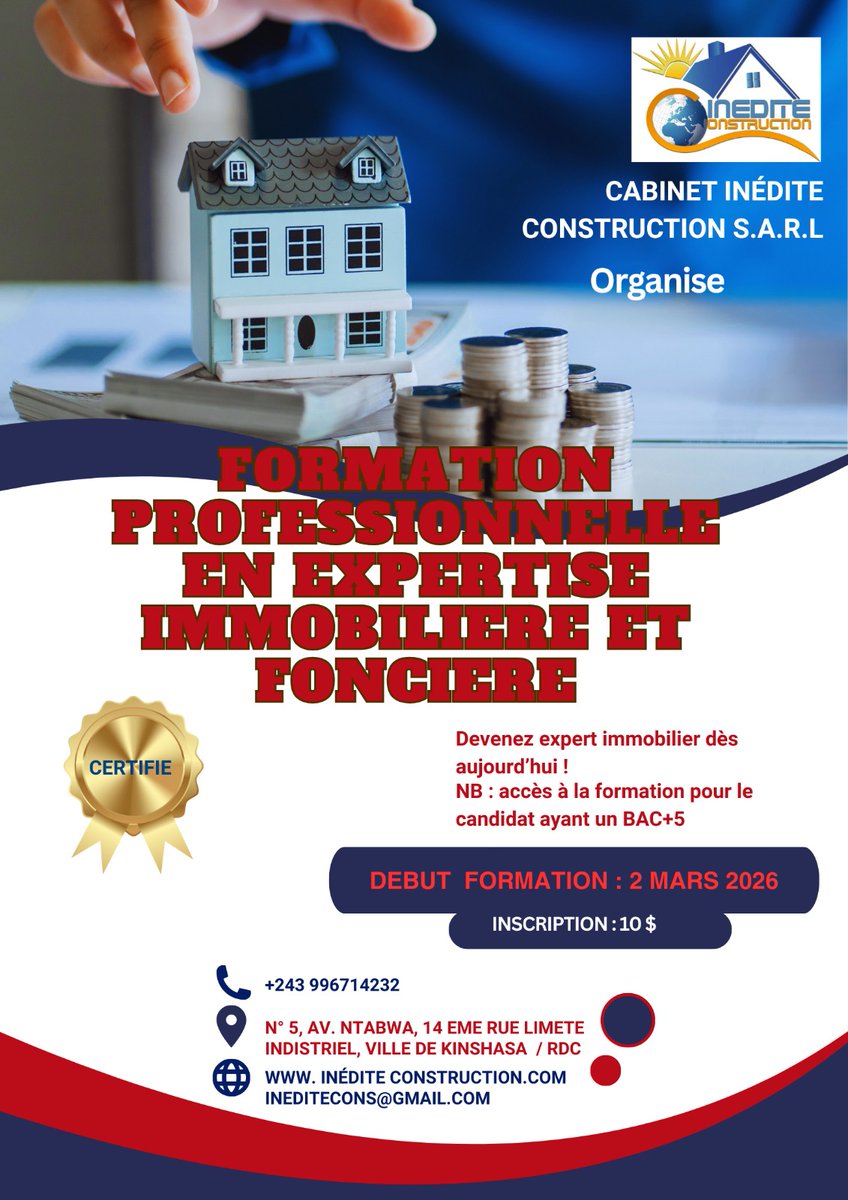ineditecons's tweet photo. #Science #rdc
😍BONNE NOUVELLE😍
Devenez expert immobilier dès aujourd’hui : transforme votre passion pour la
propriété en une carrière lucrative ,avec des compétences en évaluation qui ouvrent
les portes des grands contrat publics et privés en rdc. Rejoignez notre formation et
valorisez l’immobilier comme jamais !