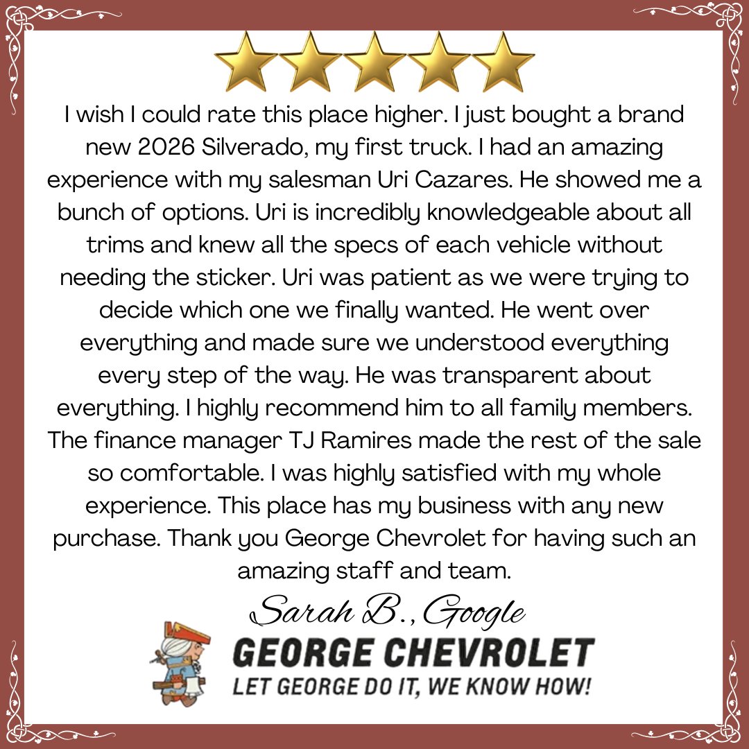 GeorgeChevy's tweet photo. Thank you, Sarah. Our team appreciates your detailed feedback and is glad we could provide a transparent, comfortable, and positive experience throughout your purchase. https://t.co/dSZckfCazS