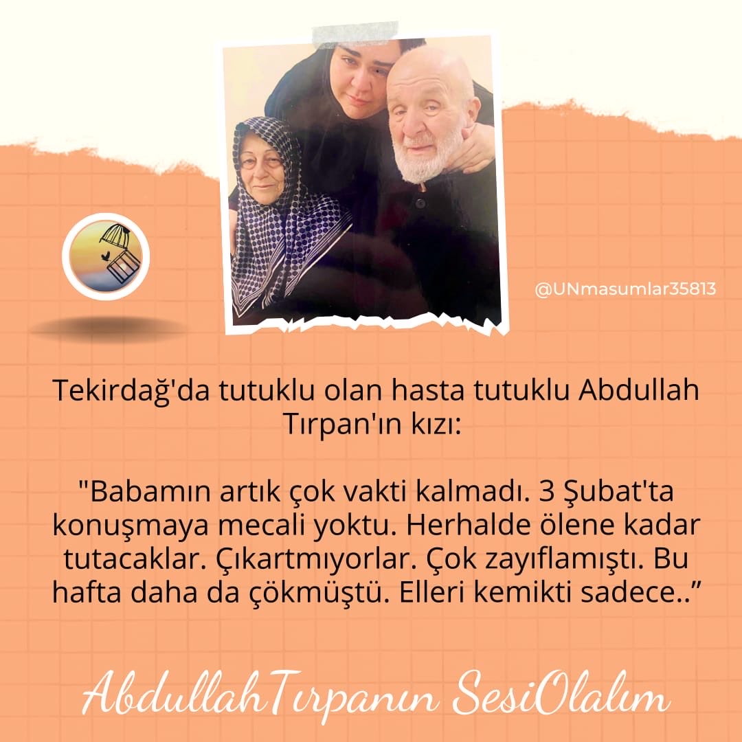 Bir baba, bir evlat, bir aile…
Sağlık durumu ağırlaşan Abdullah Tırpan için insani bir karar bekleniyor.
Vicdan susmamalı.

AbdullahTırpanın SesiOlalım