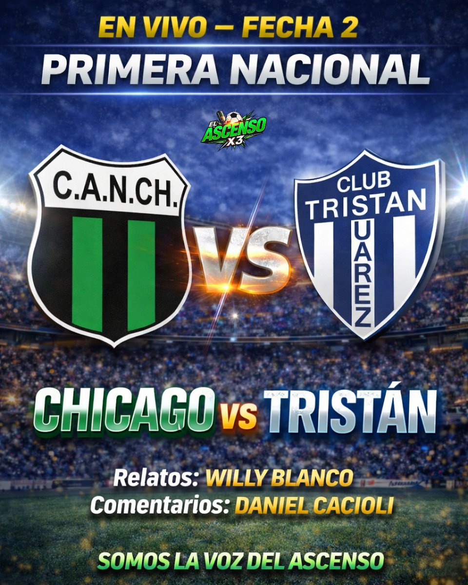🗓️ HOY SÁBADO
⏰ Desde las 16 HS

⚽️ CHICAGO 🆚 TRISTAN SUAREZ

📻 Escuchalo x AM 650 "Somos Argentina"' 🇦🇷

📺 También estamos en Nuestro Canal de You Tube
🔗 youtube.com/live/653-wd6E9…

🎙️ Relata:   <a href="/Willyblancomil/">Willy Blanco</a> 
🗣️ Comenta:  <a href="/DanielCacioli/">Daniel Cacioli</a> 
📱 Vestuarios:   <a href="/marianopasini_/">Mariano Pasini 🎙️</a>