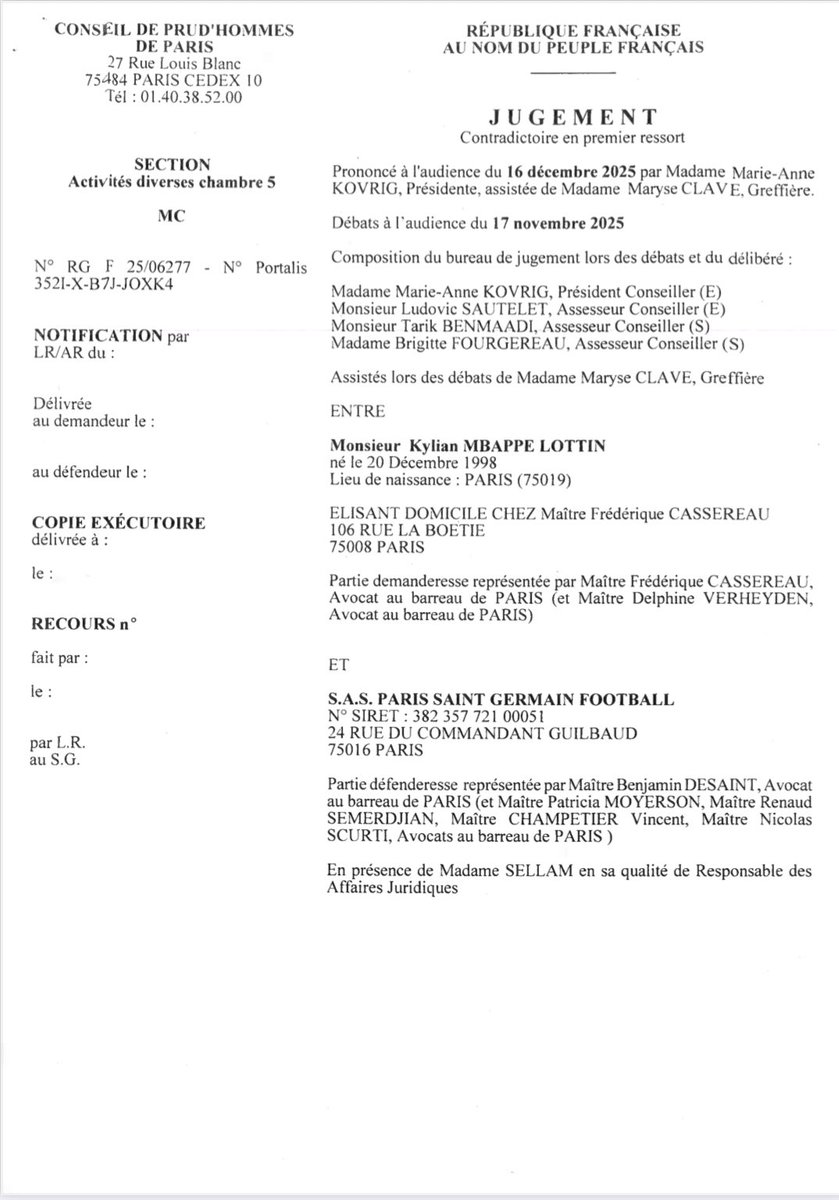 FabriceHawkins's tweet image. 🔴🔵 Le Paris Saint-Germain a publié l’intégralité du jugement, favorable à Kylian Mbappé, sur la page d’accueil de son site officiel. Le club assure par ailleurs avoir tout payé à son ancien joueur.