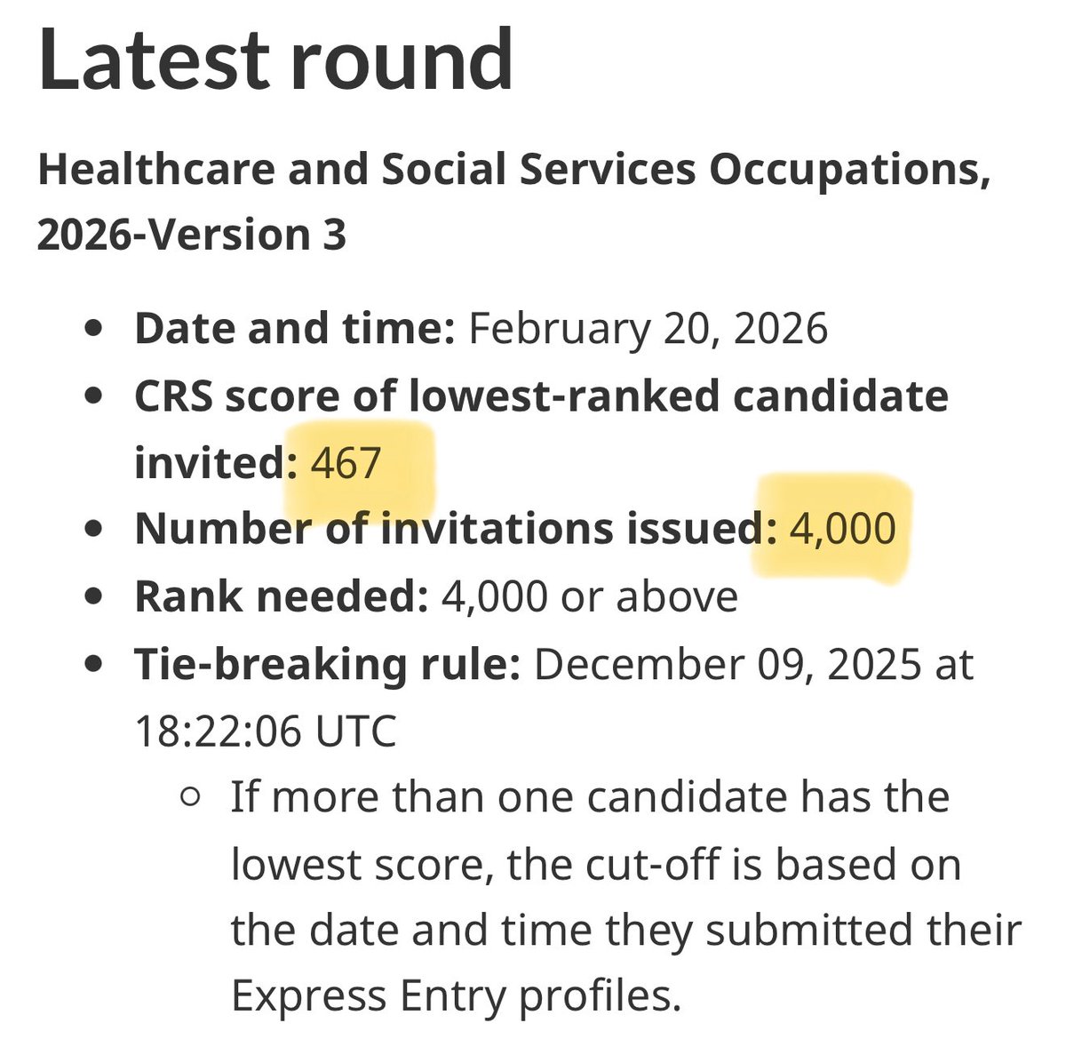 MannyLidher's tweet image. 🚨 Express Entry- Healthcare Category Draw 🇨🇦

📅 Feb 20, 2026
📨 4,000 ITAs issued
📊 CRS cut-off: 467
⏱️ Tie-breaker: Dec 9, 2025- 18:22:06 UTC

Healthcare continues to see strong targeted invitations under category-based draws.

#CanadaImmigration #ExpressEntry