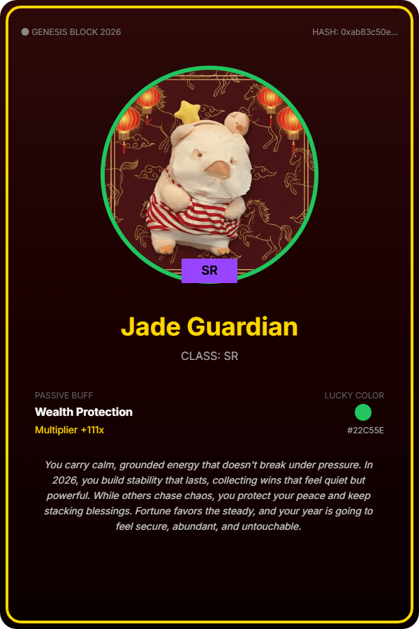 Testing my luck with Perle of Fortune: Year of the Horse 🧧

Just minted my Perle Identity: Jade Guardian (SR)

Passive Buff: Wealth Protection (+111x) 💰

Generate your own unique Perle card + claim a limited red packet cover 👇 perleoffortune.xyz/share/0xab83c5…