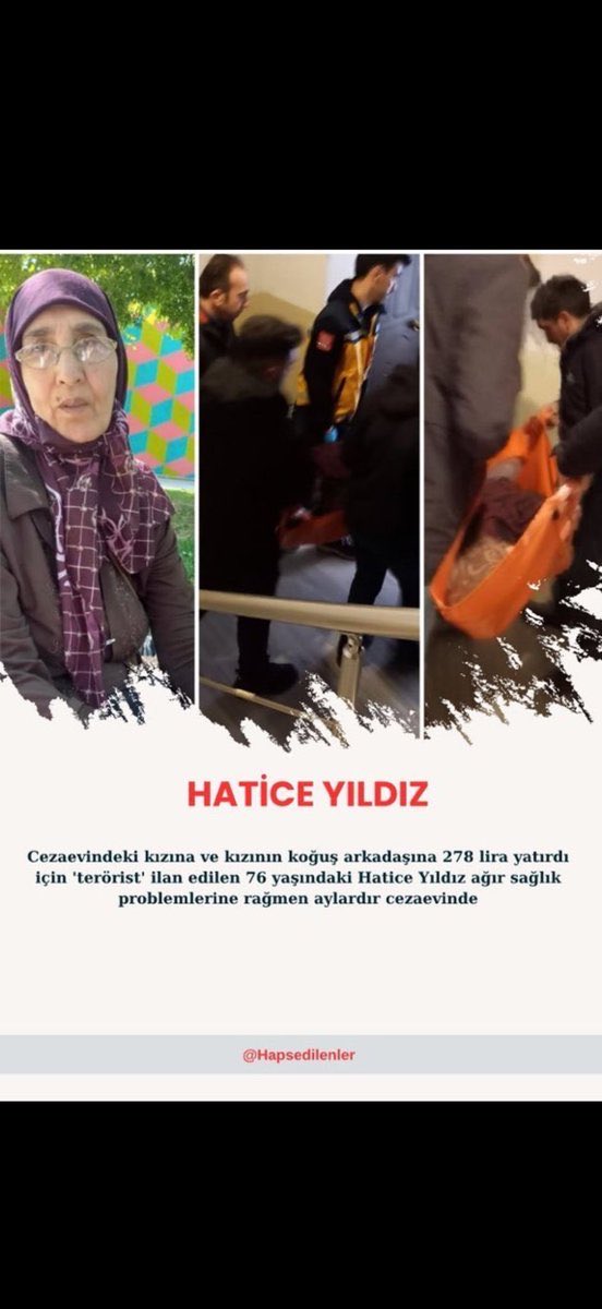 Hatice teyze sedye ile tutuklandı sebebi evladına yardım etmek….

Katiller azılı suçlular serbest !!
Hatice teyze zindanda…!!
#adalet 

<a href="/SemaSilkin/">Dr. Sema Silkin Ün</a> 

AbdullahTırpanın SesiOlalım