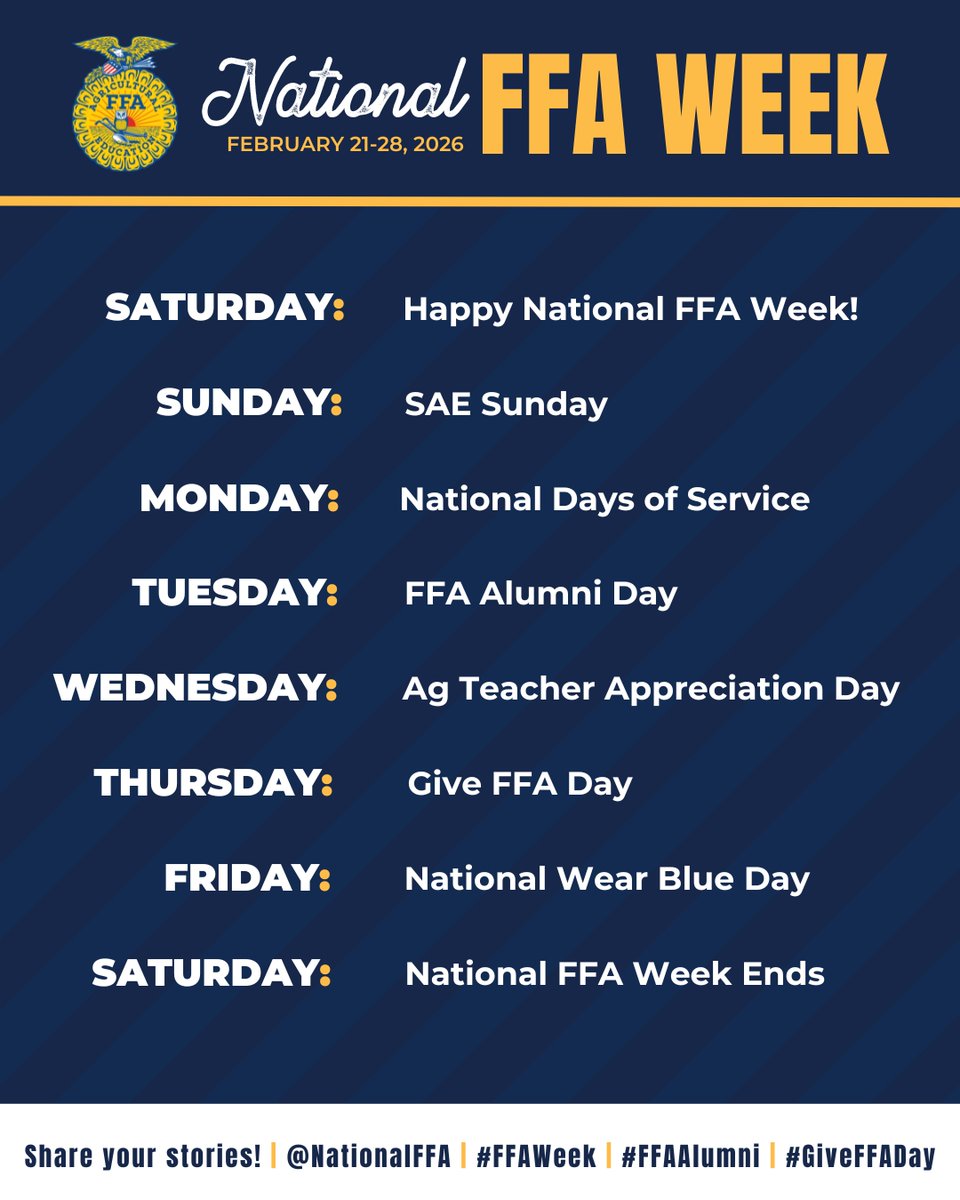 NationalFFA's tweet photo. FFA Week is almost here! 🎉💙 We can’t wait to celebrate with you. Follow along with the daily themes, share your posts and tag us—we love seeing how you show your #FFAPride all week long! https://t.co/XqQbaeF93K