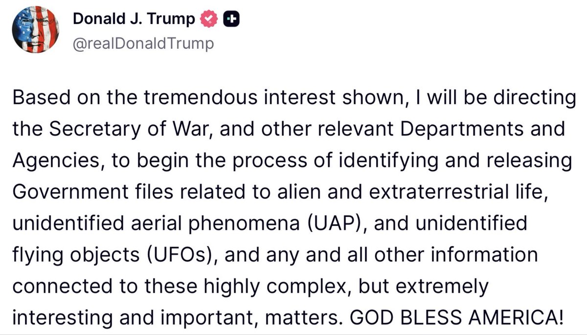 TonyTruant01's tweet image. Waouh… là je suis scotché.

Trump qui ordonne officiellement la déclassification massive des dossiers sur les UAP, les phénomènes aériens non identifiés et tout ce qui touche à la vie extraterrestre… et juste après, un haut responsable de la Maison Blanche (Kratsios) qui