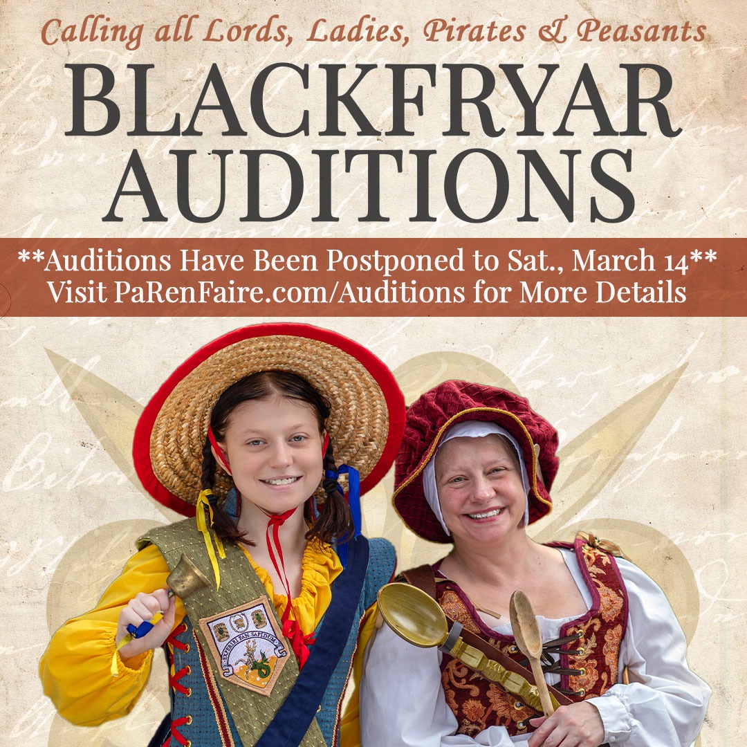 Blackfryar Audition Process Postponed
UPDATE 2/20: Due to snow, auditions originally scheduled for Sunday, February 22 have been postponed to Saturday, March 14. parenfaire.com/auditions.html