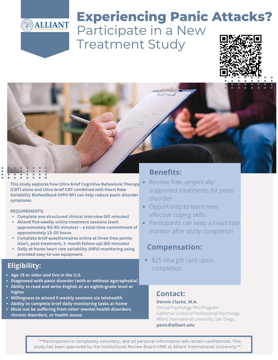***Are you experiencing Panic Attacks?*** 
There is a New Treatment Study for you and it's FREE. 

#panicdisorder #anxiety #MentalHealthMatters #MentalHealthAwareness #health #HealthyLiving #healthresources #dogsofX #CatsOnX