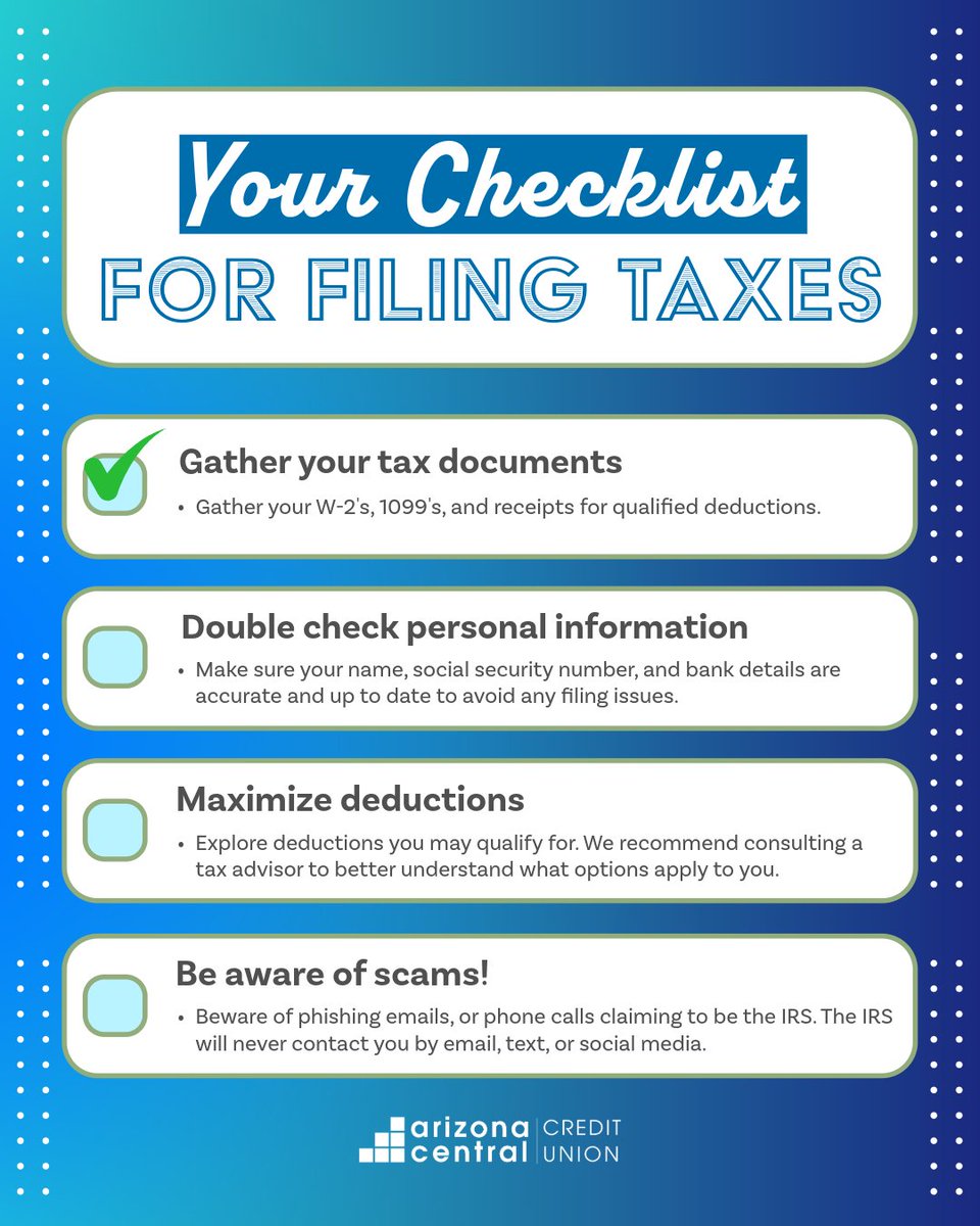 Tax season is here and getting an early start to filing them efficiently can help you stay organized, maximize potential savings, &amp; file with confidence before the April deadline approaches. ✅ 

*Need extra support? Be sure to consult a tax professional to determine eligibility.