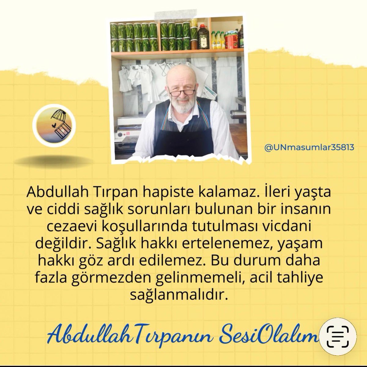 Bir insanın cezası, hayatından daha ağır olamaz.
Hukukun amacı intikam değil; insan onurunu koruyarak adaleti sağlamaktır.
Sağlığı cezaevi koşullarına uygun olmayan birinin içeride tutulması infaz değil, ihmaldir.
Adalet, geciktiğinde ihlale dönüşür.

AbdullahTırpan AcilTahliye