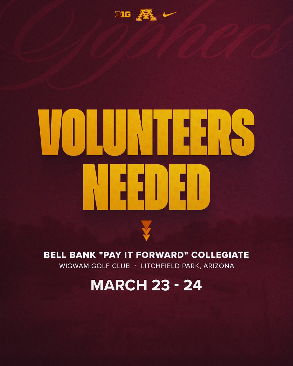 ‼️Volunteers Needed‼️

Come support #Gopher men’s golf during the Bell Bank “Pay It Forward” Collegiate at the Wigwam Golf Club❗️〽️

For any volunteers in the area in late-March, you can register using the following link:

🔗: gophersports.com/form/1167 

#GoGophers x #SkiUMah