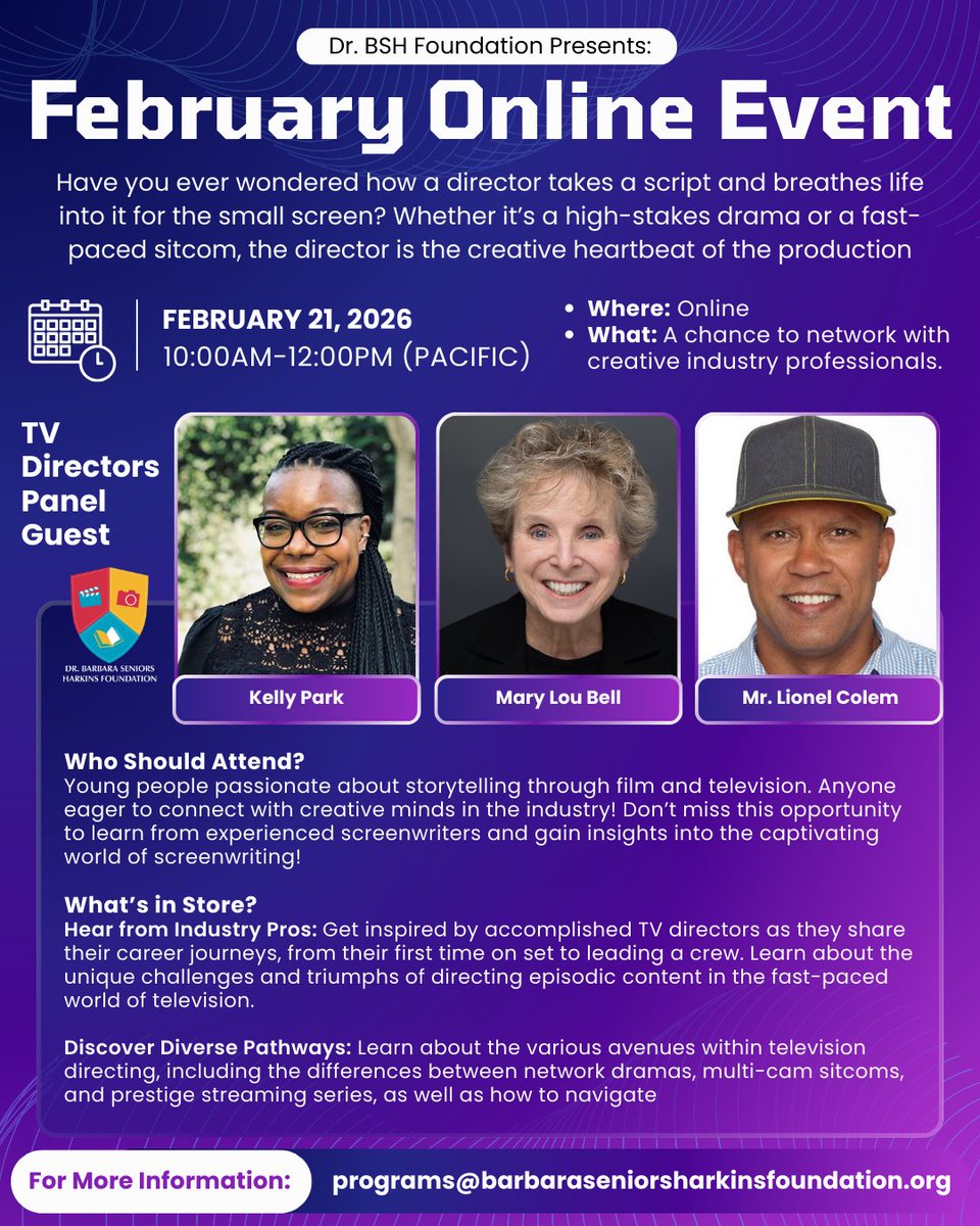 Ready to call "ACTION" on your career? 🎬🎥
Join the Barbara Senior Harkins Foundation this Saturday, Feb 21st for an exclusive Television Directors Online Workshop! 🌐✨Learn the secrets of storytelling, tension-building, and character development from the legends
