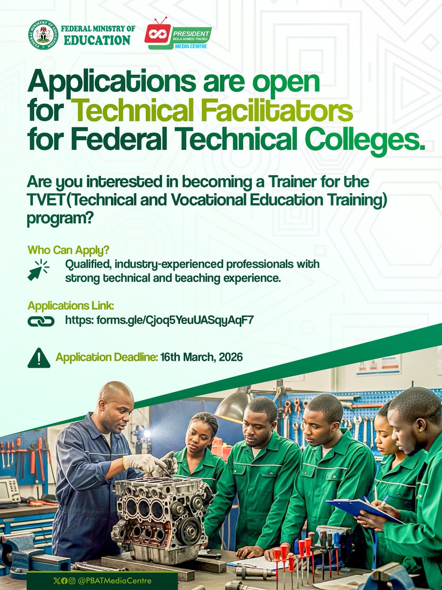 APPLY NOW!

The Federal Ministry of Education is inviting qualified trainers to apply for roles of Technical Facilitators across Federal Technical Colleges across Nigeria.

Successful applicants will become trainers for the ongoing Technical and Vocational Education Training