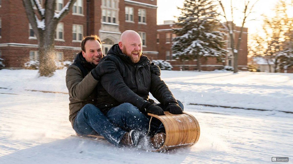 dogbuilt's tweet photo. A snow day in @cunebulldogs Nation! 

@CoachCalhoun54 &amp; @jakeknabel just taking some down time after a long week of game/event production, facility prep, feature stories, &amp; game recaps. 

Have fun, travel safe, &amp; #CU-soon at an event near you! https://t.co/ZpovJH2uaU