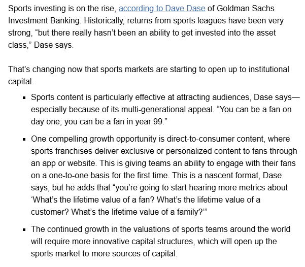 From today's Goldman Sachs "Briefings" newsletter: Why Institutional Investors Are Racing to Invest in Sports.

The capital structure point is one I keep seeing again and again.

Sports franchises are underleveraged, but they have a wealth of recurring cash flows and often need