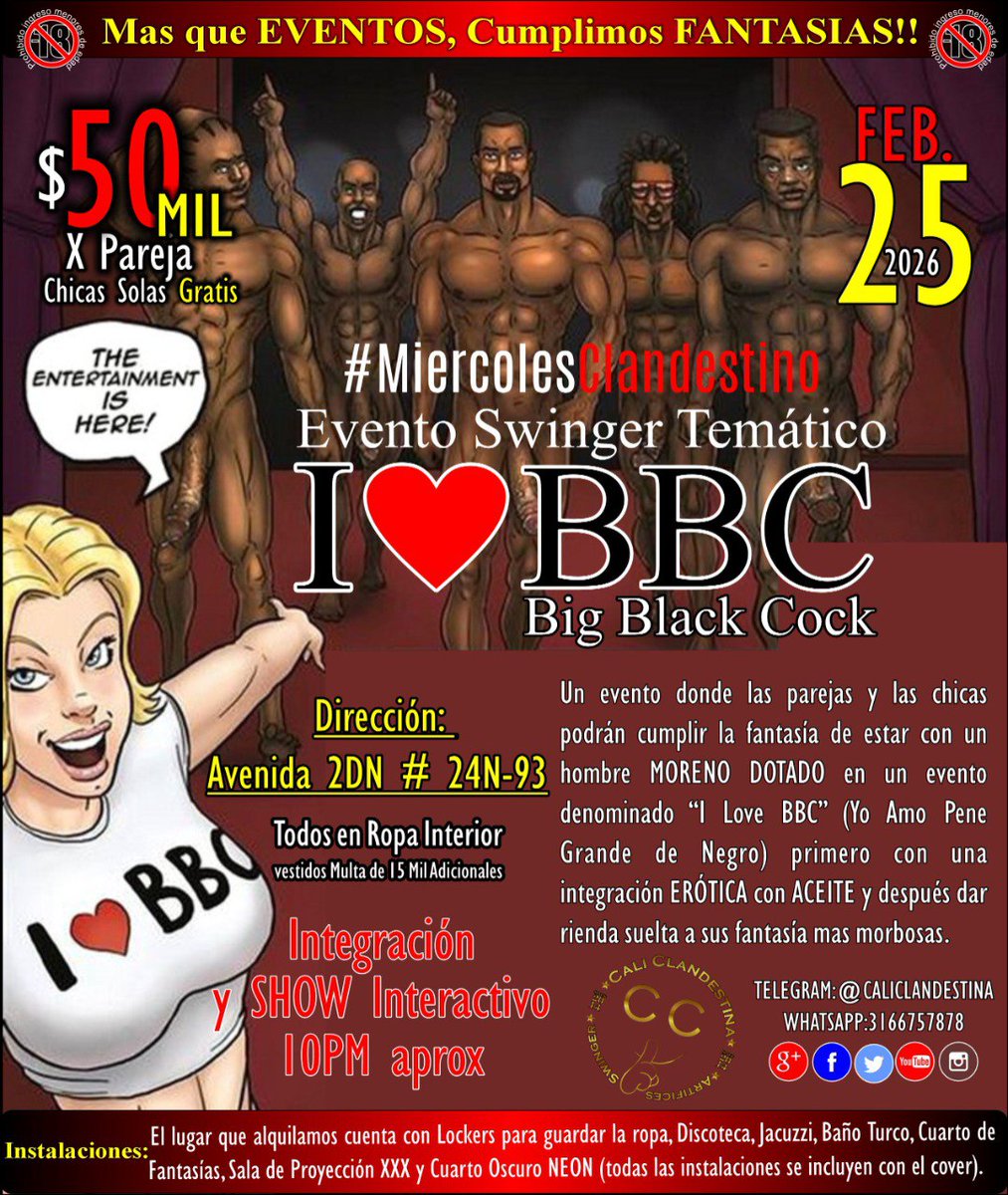 caliclandestina's tweet photo. Este #MiercolesClandestino le celebraremos a la más Mami de las Mamis😍 @Mami_Swinger su cumple y que mejor que con su evento favorito #ILoveBBC el de los Morenos dotados🍆 donde parejas #Swinger y chicas disfrutan de ver 👀 o participar con los invitados🍫 dispuestos a complacer https://t.co/b733EkjrOY