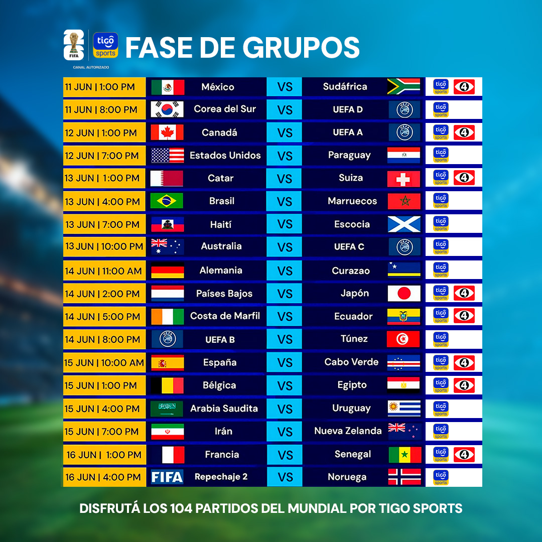 TigoElSalvador's tweet photo. La fase de grupos de la Copa Mundial de la FIFA 2026 se disfruta de principio a fin solo por @TigoSports_SV 🤩 https://t.co/d1doEeQ39d