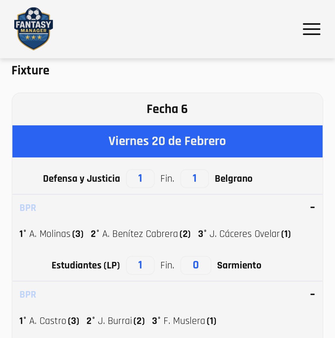 Ya están a disposición en la página de <a href="/FantasyMgrAR/">Fantasy Manager 🇦🇷</a> las bonificaciones por rendimiento (BPR) de los dos primeros partidos de la jornada 🥇🥈🥉