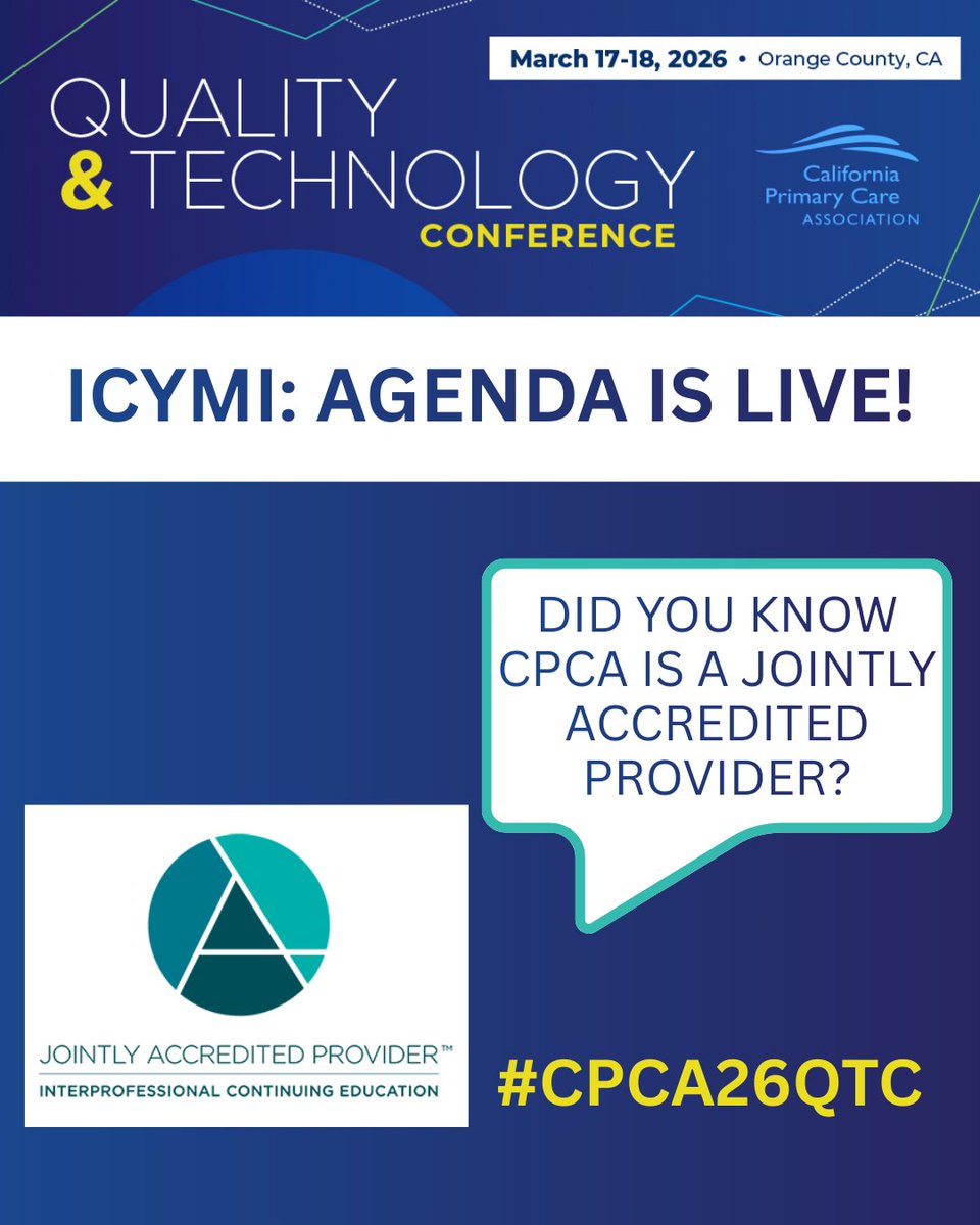 CPCA's tweet image. ICYMI: The QTC Agenda is LIVE!
Explore sessions on quality improvement, data exchange, AI in care, and tech‑driven innovation.
💡 Continuing Education Credits available through CPCA’s Joint Accreditation.
📋 Agenda: ow.ly/Hlqr50Yj7yN
🔗 Register: ow.ly/qipg50Yj7yM