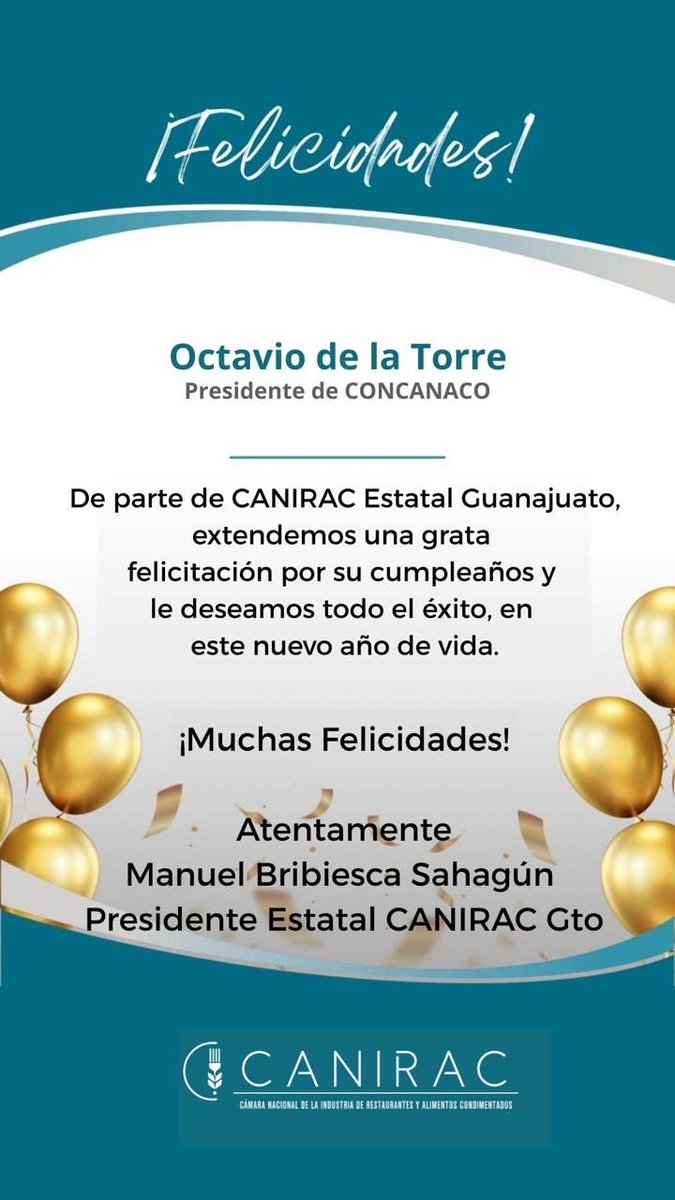 Feliz cumpleaños mi Querido Presidente <a href="/octaviodlatorre/">Octavio de la Torre</a> <a href="/CONCANACO/">CONCANACO SERVYTUR</a> 

Que esta celebración la disfrutes con familia y amigos, cumplir un año más de vida es una bendición que se debe celebrar al máximo. 

Te mando abrazo con todo mi cariño 

Nos vemos pronto