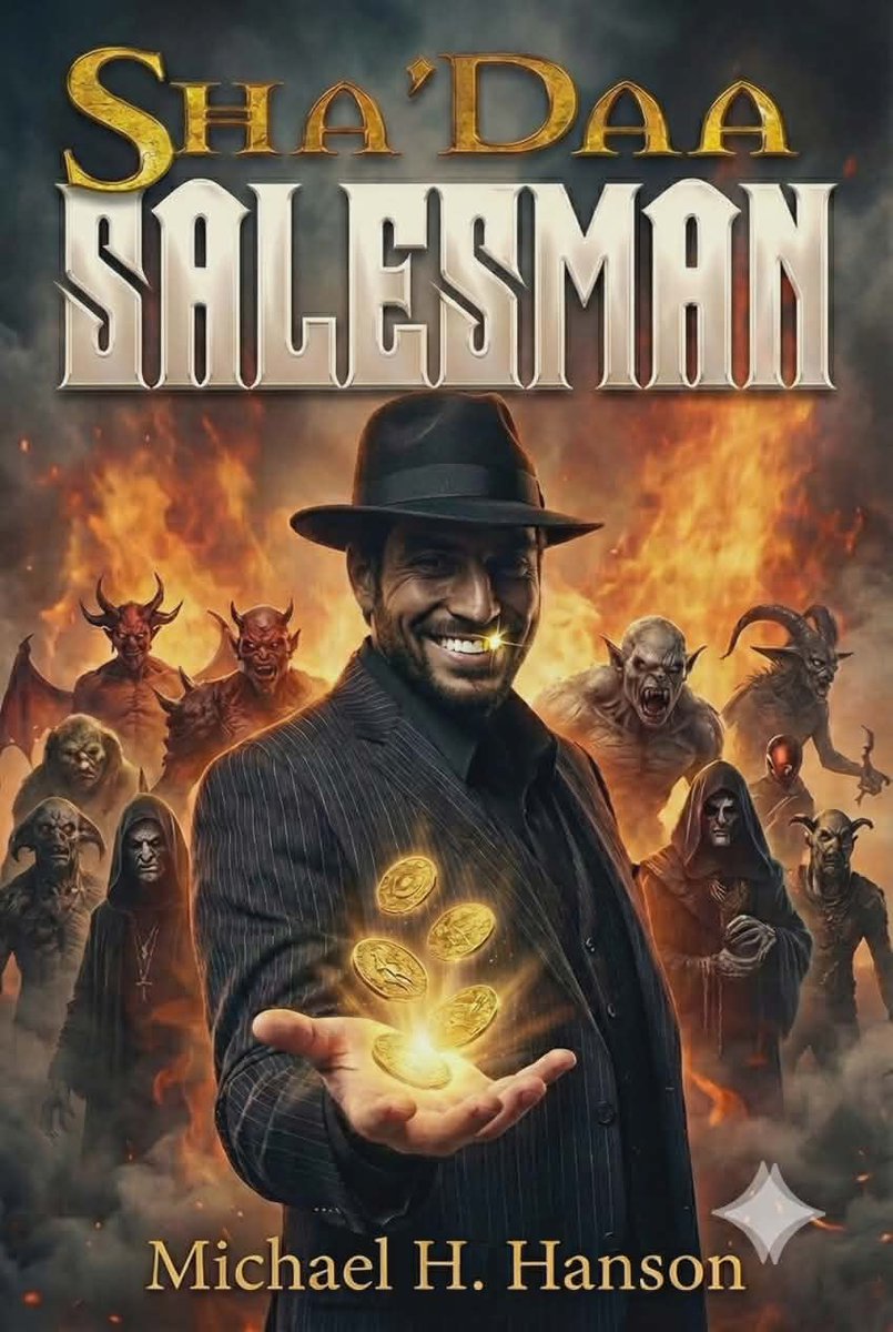 TheShaDaa's tweet photo. SHA'DAA: SALESMAN  Sha'Daa Salesman is a dark fantasy anthology by Michael H. Hanson that will be published in early 2027.  This work collects all of Michael's 'Johnny The Salesman' short stories not shown in the official SHA''DAA Series.

Concept Cover created by Robert Rasberry https://t.co/g5KlgQKWiP