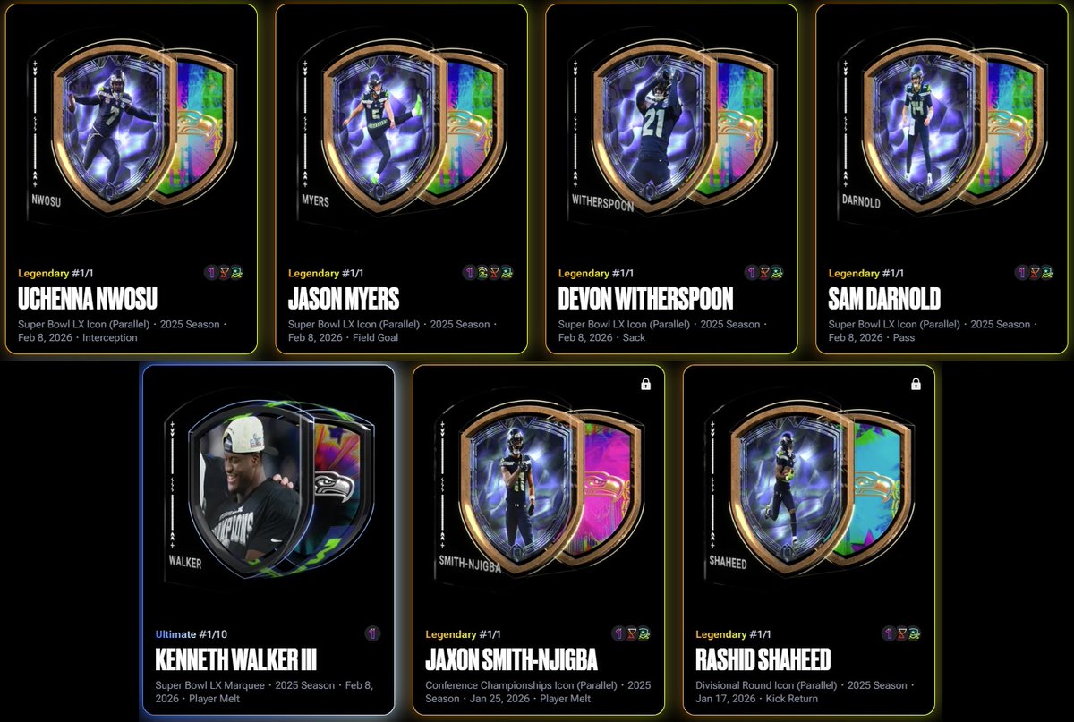 JaydeegeeNFT's tweet photo. Hard to put into words what a special season this was.  For obvious reasons I don't regret going after all these.  Thank you @NFLALLDAY for these incredible digital collectibles commemorating my favorite team's Super Bowl run.  Go Hawks! https://t.co/58jRH7mmV1