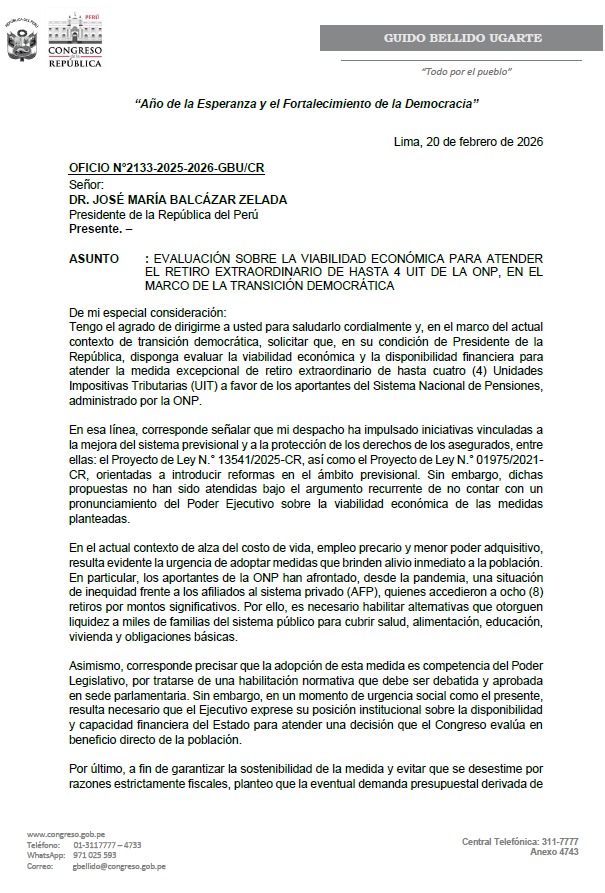 GuidoBellidoU's tweet photo. Señor presidente José María Balcázar Zelada, le solicito que, a través del Ministerio de Economía y Finanzas, evalúe la viabilidad económica de autorizar el retiro de 4 UIT para los aportantes de la ONP. Hasta el día de hoy, ningún presidente ha atendido este pedido y, ante la falta de cooperación del Ejecutivo, más de una decena de proyectos de ley permanecen a la espera de dictamen en el Congreso. 
Mientras tanto, los aportantes de las AFP ya accedieron al retiro de fondos en al menos ocho oportunidades, lo que genera una clara discriminación hacia los aportantes de la ONP aun desde la pandemia. Haga historia y haga justicia con el pueblo, señor Presidente.