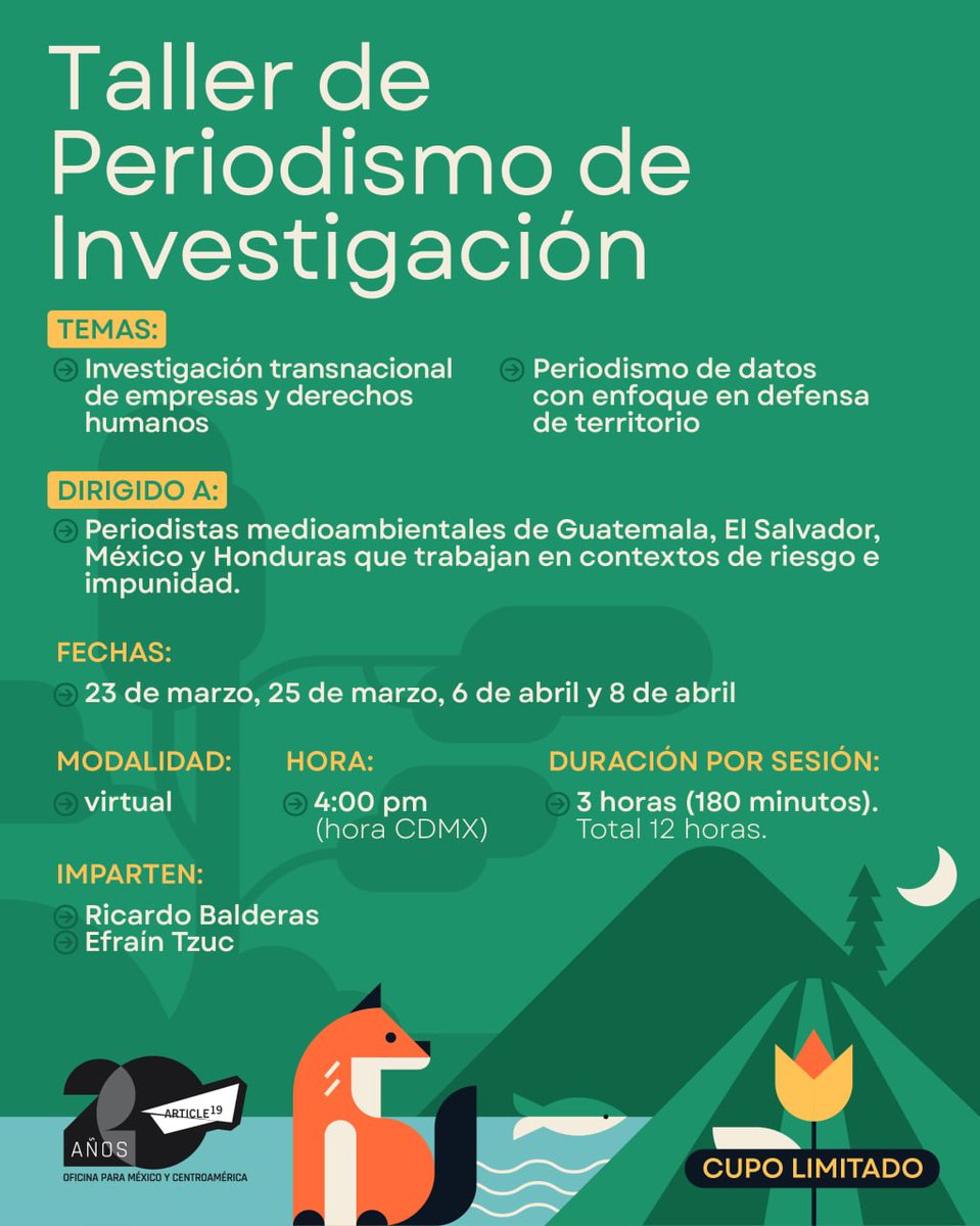 Si eres una persona periodista que cubre temáticas medioambientales en Guatemala, El Salvador, México y Honduras, este taller puede interesarte. 

En cuatro sesiones aprenderás a rastrear y documentar redes de propiedad y relaciones comerciales transfronterizas utilizando bases