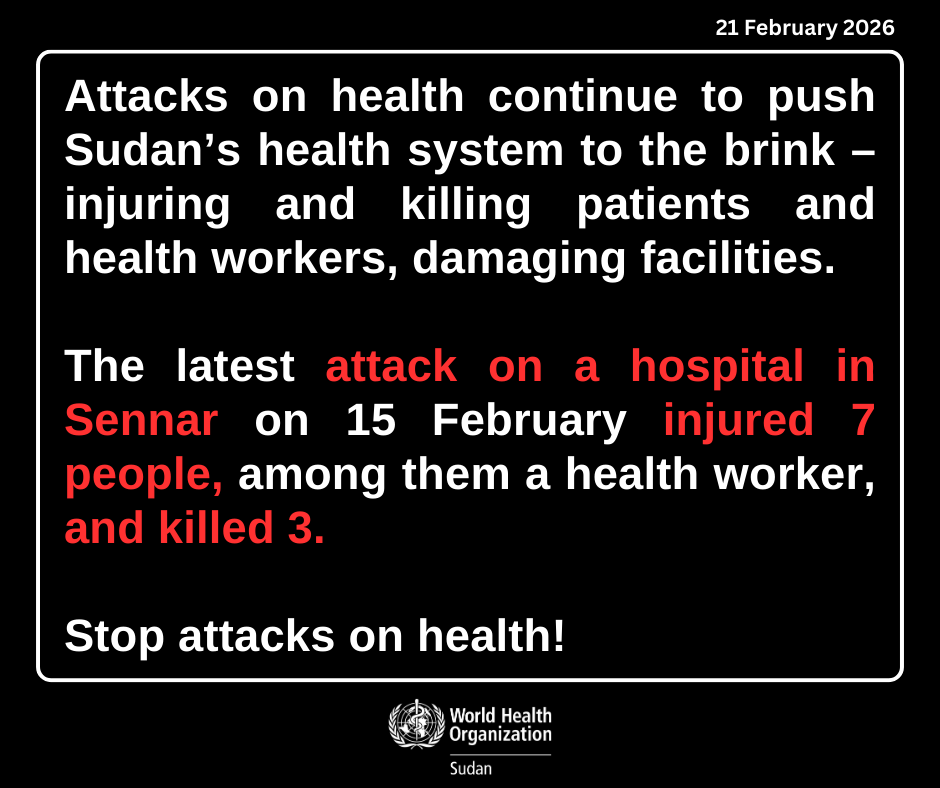 Attacks on health continue to push #Sudan’s health system to the brink - injuring &amp; killing patients &amp; health workers, damaging facilities.
The latest attack on a hospital in Sennar on 15 February injured 7 people, among them a health worker, &amp; killed 3.
🛑Stop attacks on health!