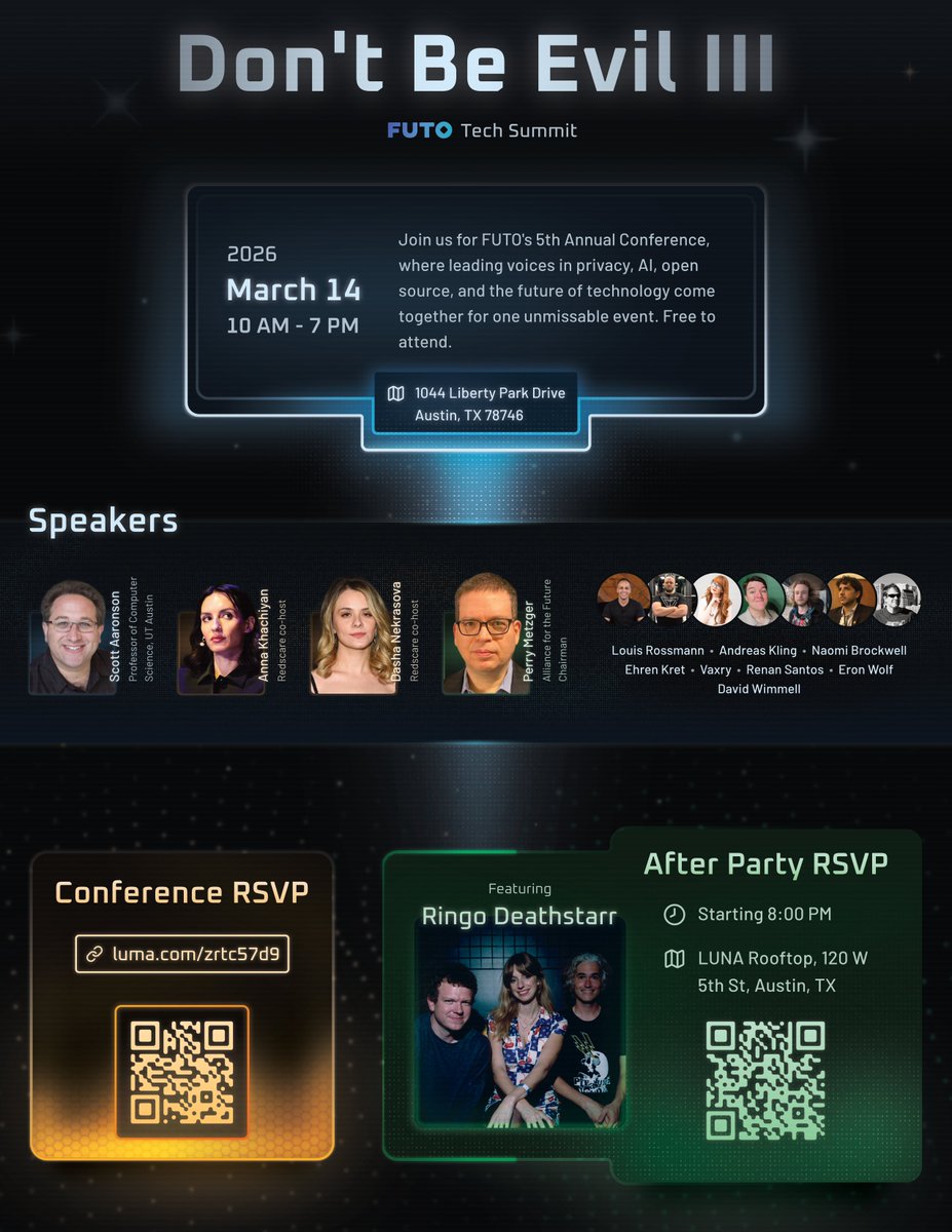 March 14th, Austin, FUTO Conference #3. Featuring Scott Aaronson, <a href="/annakhachiyan/">Anna Khachiyan</a>, <a href="/dash_eats/">dasha</a> and <a href="/perrymetzger/">Perry E. Metzger</a> (and more!)

Link in reply for conference registration and after-party registration!