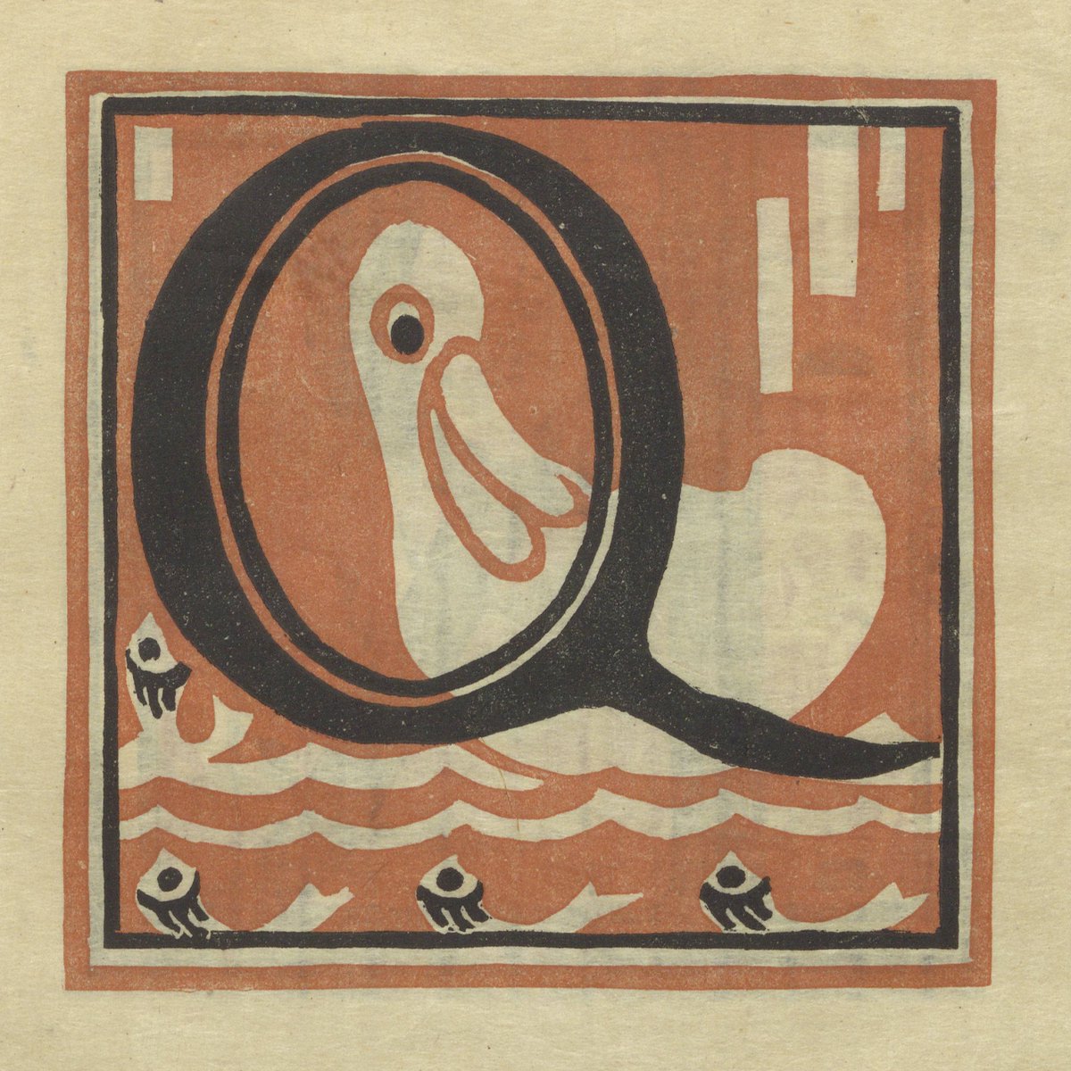 HiddenWalnuts's tweet photo. Even more from the Columbia University Teacher's College 1920 lino prints, "Letters Designed and Cut on Linoleum Blocks." The R is our favorite - the bird inside the R could stand on its own, and adding the rooster tail is awesome. We also enjoy the animal expressions (proud peacock, happy duck on Q, and all around cool yak on Y). A great set of lino prints. #R #P #Q #Y