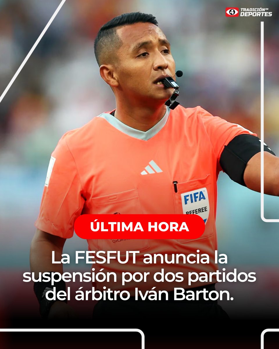 Canal4TCS's tweet photo. ¡𝗜𝗩𝗔́𝗡 𝗕𝗔𝗥𝗧𝗢𝗡 𝗦𝗨𝗦𝗣𝗘𝗡𝗗𝗜𝗗𝗢! ❌😳

La Federación Salvadoreña de Fútbol sanciona con dos partidos de suspensión al árbitro Iván Barton, tras su actuación como central en el encuentro Águila vs. Alianza, correspondiente a la jornada 8 del Clausura 2026. 📄

Además, el Comité Ejecutivo giró instrucciones para trabajar en una propuesta de ampliación del marco reglamentario y disciplinario de la actuación arbitral.