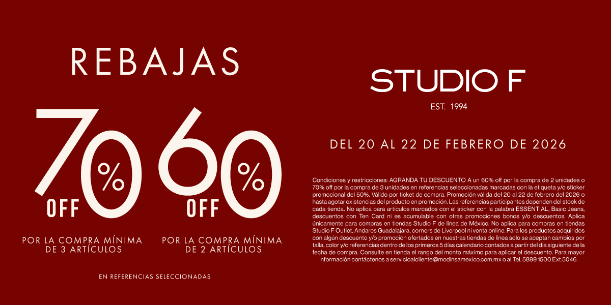 Descubre tus favoritos y renueva tu estilo en Estudio F✨

🌟 Rebajas de hasta 70% OFF al comprar 3 piezas en referencias seleccionadas.

🗓 Válido del 20 al 22 de febrero de 2026.