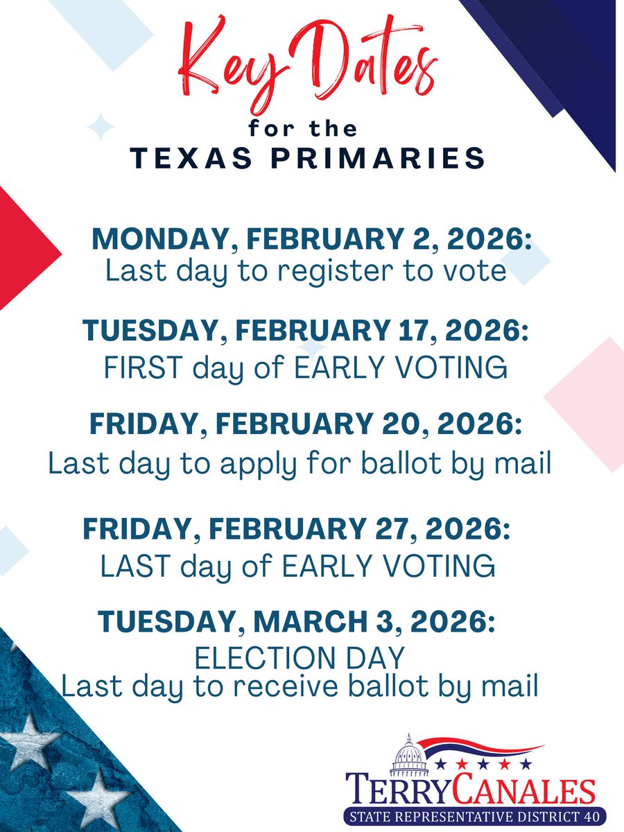 TerryCanales40's tweet photo. REMINDER - Early Voting is underway and Today is the LAST DAY to APPLY FOR BALLOT BY MAIL.
#HD40 #Vote2026 #TexasPrimaries #TxLege https://t.co/ZEPheCLzLc