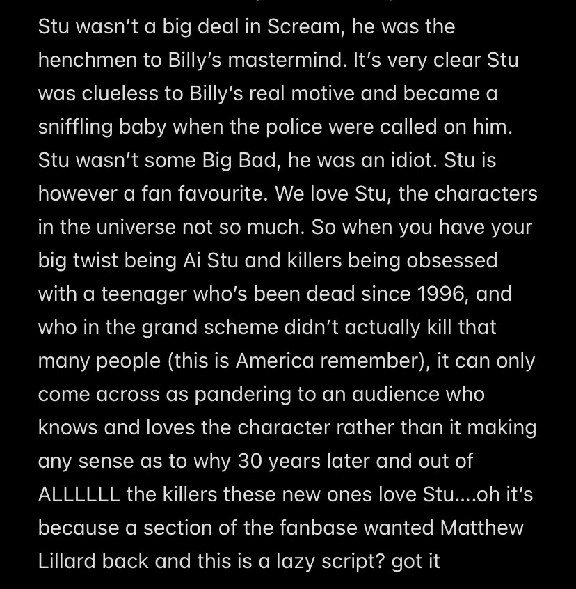 Scream 7 is a perfect example of plot that’s sole purpose is fan-service, regardless of whether it makes sense within the world of the movies. #Scream7 #BoycottScream7 

The Scream 7 Ghostfaces saying “Stu’s alive in spirit” is peak fanfiction slop. (ran out of characters lol 👇🏻)