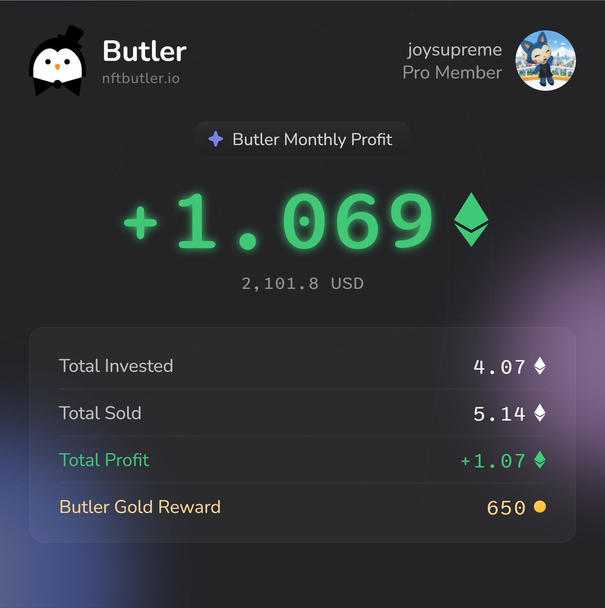 JamesKaiz's tweet photo. 1.069 Ξ in profit made in the last 20 days using @nftbutler 💰📈

Sharing on X to grab my extra 650 Butler Gold 🟠
Bidding’s a breeze with NFT Butler in my arsenal!  🐧

#NFT #NFTCommunity #NFTButler

https://t.co/XlDShonMX5 https://t.co/ilAmdvVIqT