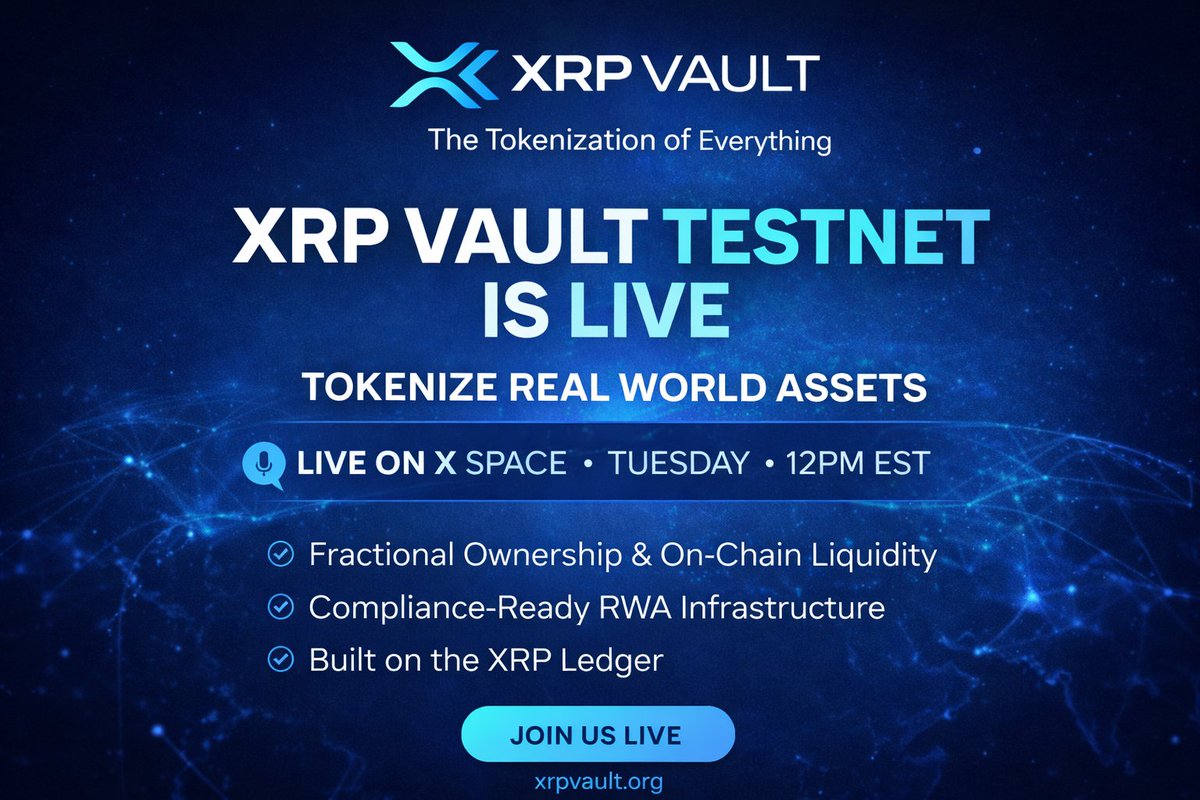 🚀 XRP VAULT Testnet is LIVE

🌍 Tokenize real world assets on <a href="/XRP_VAULT/">XRPVAULT</a> 

Join our live X Space as we showcase the XRP Vault Testnet and how real world assets can be tokenized, managed, and governed using infrastructure built on the XRP Ledger.

What we’ll cover 👇

•