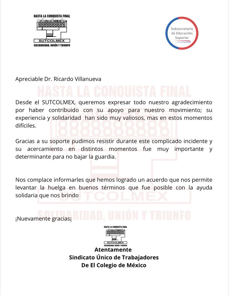 rvillanueval's tweet photo. Tras el momento complejo que vivió el Sindicato Unico de Trabajadores de @elcolmex, y que enfrentaron con valentía y firmeza, me queda claro que el acompañamiento y el diálogo sincero sí hacen la diferencia cuando más se necesitan.

La educación superior se construye así: con solidaridad, respeto y con la convicción de que los acuerdos siempre son posibles cuando ponemos al centro el bienestar de nuestras comunidades. Celebro que hayan alcanzado un acuerdo en buenos términos y que hoy puedan levantar la huelga. Cuando el diálogo prevalece, ganamos todas y todos. 👏🏼