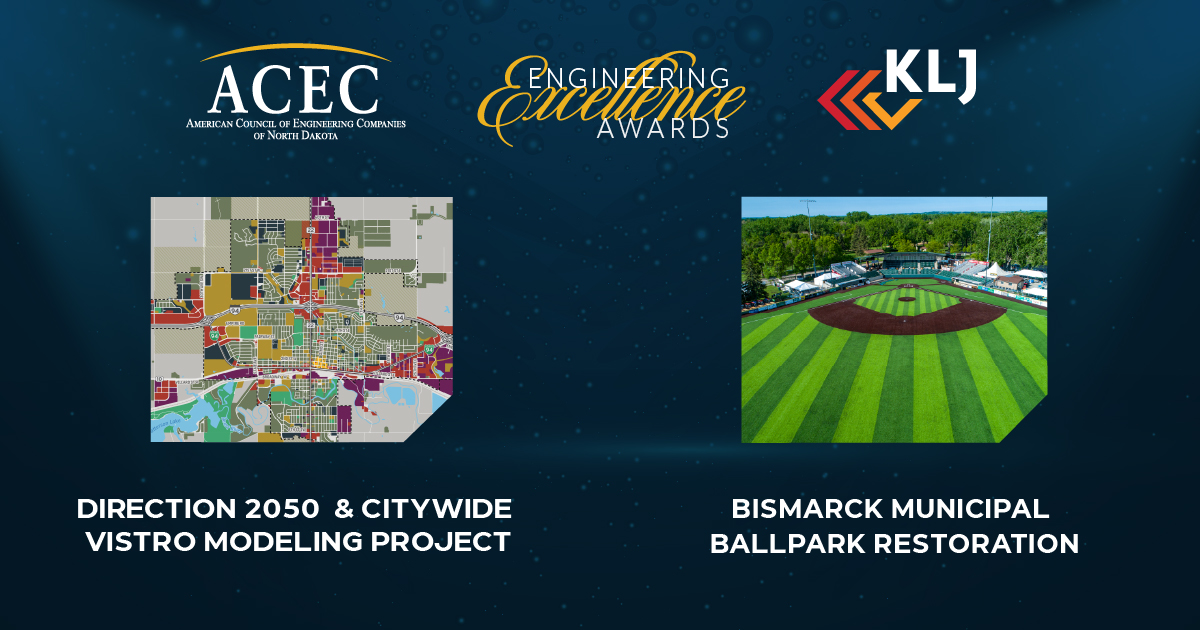 KLJeng's tweet photo. Proud to share KLJ received two ACEC ND Engineering Excellence Awards for the Dickinson Direction 2050 and Citywide VISTRO Modeling Project and the Bismarck Municipal Ballpark Restoration. Learn more about each project at https://t.co/CiwNf24qBx  
#KLJ #ExcellenceAwards #ACECND https://t.co/BjzMXrEvex