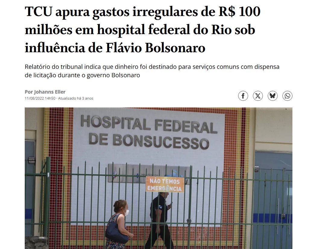 Flávio Rachadinha (<a href="/FlavioBolsonaro/">Flavio Bolsonaro</a>) se deu bem. Já esqueceram do caso dos hospitais do Rio de Janeiro que receberam indicações dele para administrá-los.