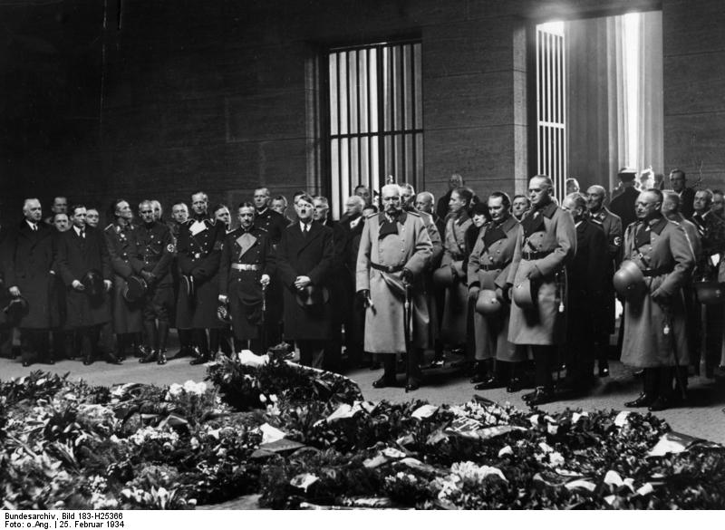 German leaders at the Heroes Memorial Day ceremony, Neue Wache, Berlin, Germany, 25 Feb 1934; left to right: Konstantin von Neurath, Lutz Schwerin von Krosigk, Julius Lippert, Wilhelm Frick, Rudolf Schmidt, Erich Raeder, Adolf Hitler, Franz von Papen, Joseph Goebbels, Paul von